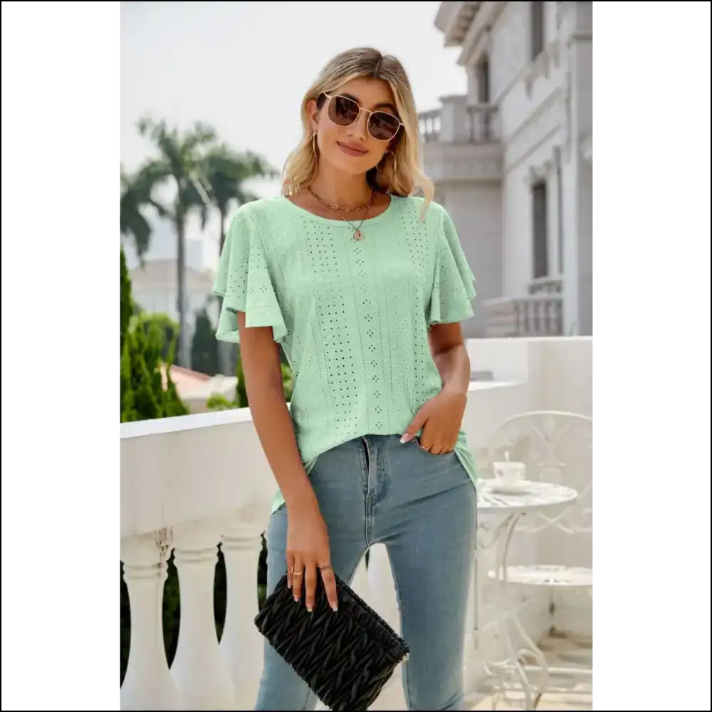 Chic Eyelet Flutter Sleeve Top - Light Green / l - Blouses on Sale Worldwide Shipping