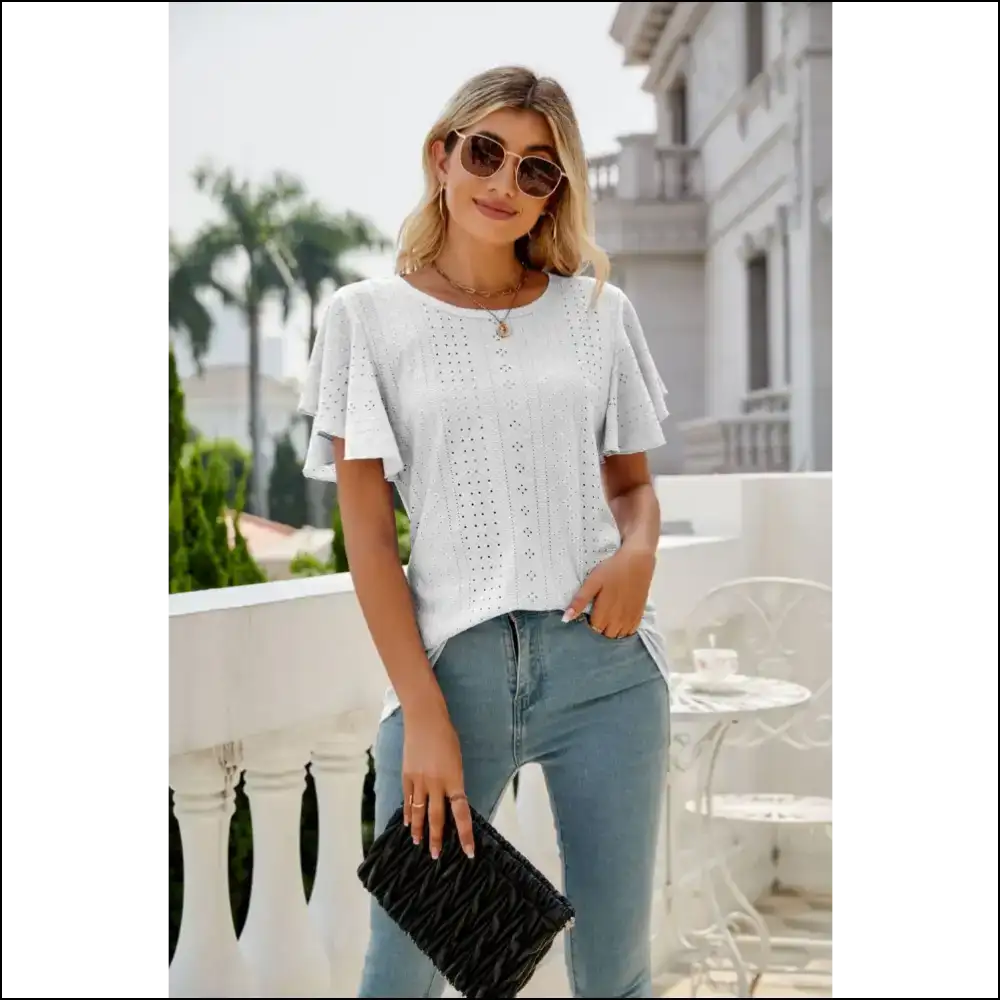 Chic Eyelet Flutter Sleeve Top - White / s - Blouses on Sale Worldwide Shipping