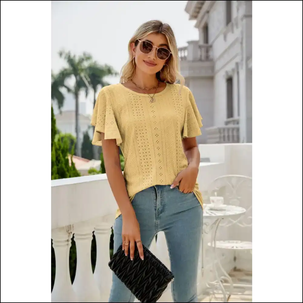 Chic Eyelet Flutter Sleeve Top - Yellow / l - Blouses on Sale Worldwide Shipping