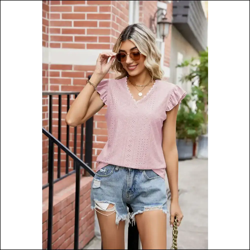 Chic Eyelet Flutter Sleeve V-neck Top - Blush Pink / 2xl - Blouses on Sale Worldwide Shipping