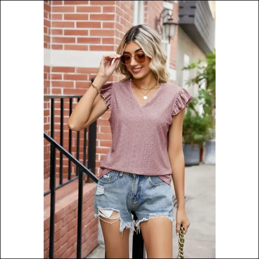Chic Eyelet Flutter Sleeve V-neck Top - Mauve / l - Blouses on Sale Worldwide Shipping
