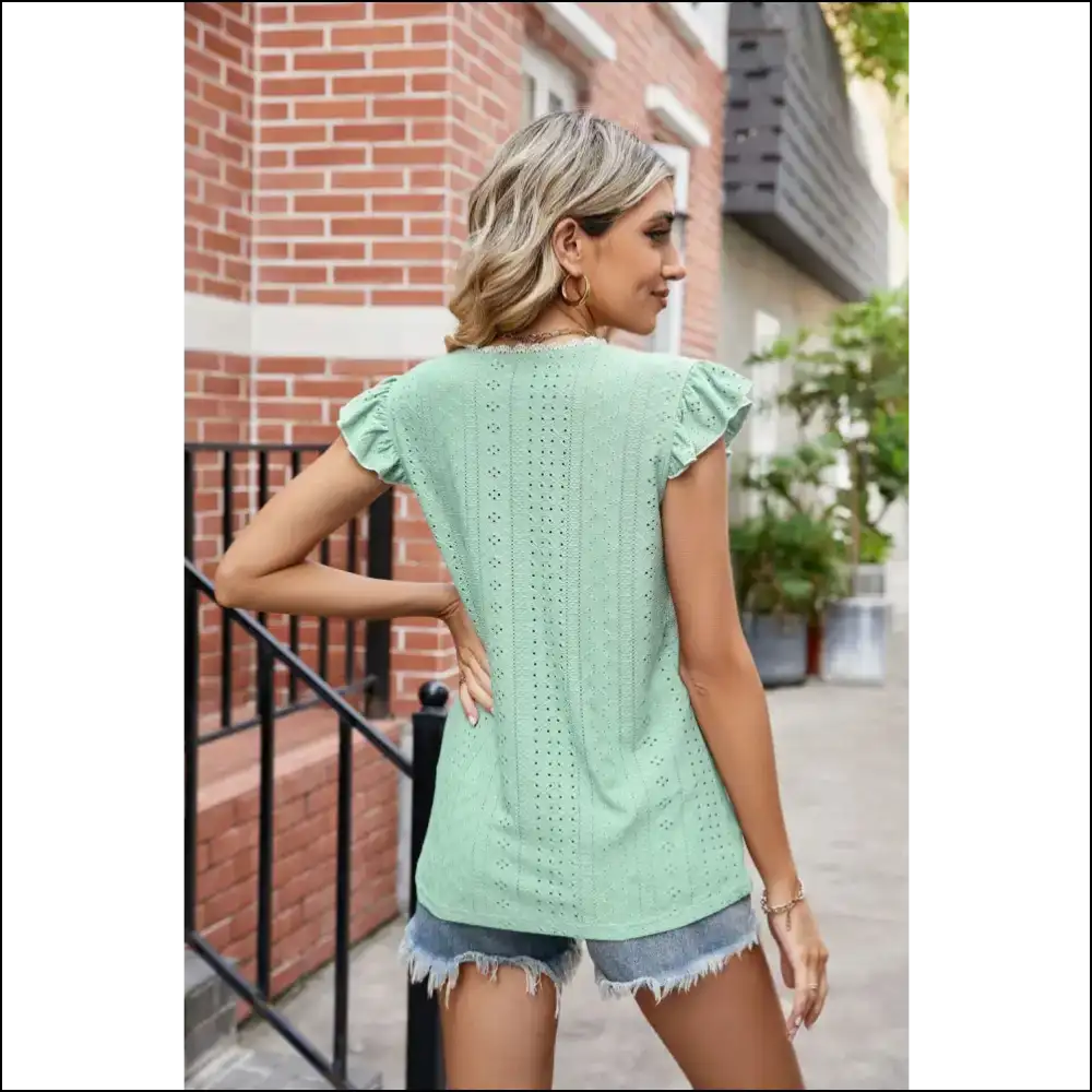Chic Eyelet Flutter Sleeve V-neck Top - Blouses on Sale Worldwide Shipping