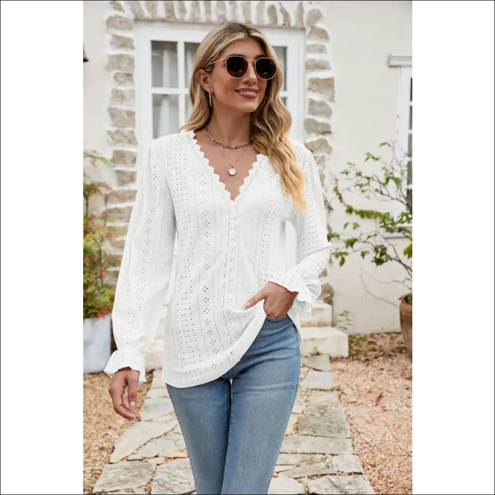 Chic Eyelet Lace Flounce Sleeve Blouse - White / 2xl - Blouses on Sale Worldwide Shipping