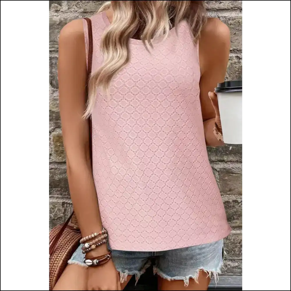 Chic Eyelet Round Neck Tank Top - Blush Pink / s - Tops on Sale Worldwide Shipping