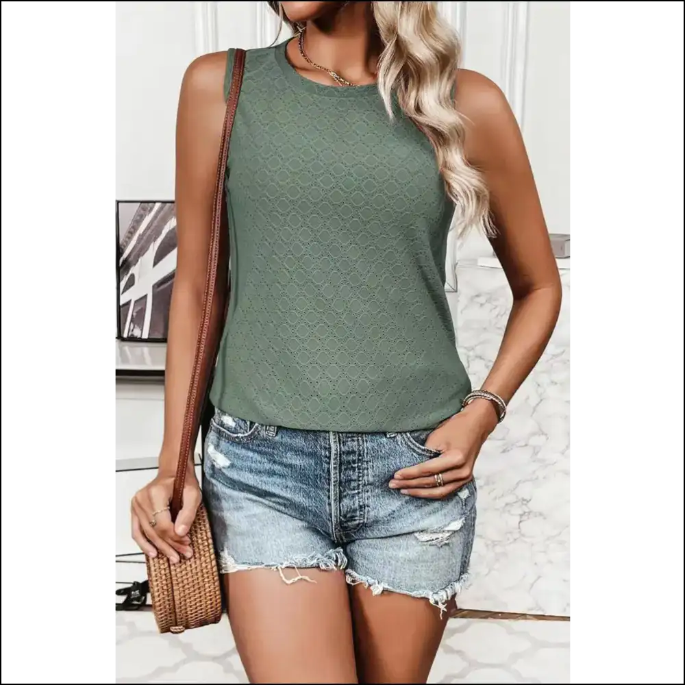 Chic Eyelet Round Neck Tank Top - Green / s - Tops on Sale Worldwide Shipping
