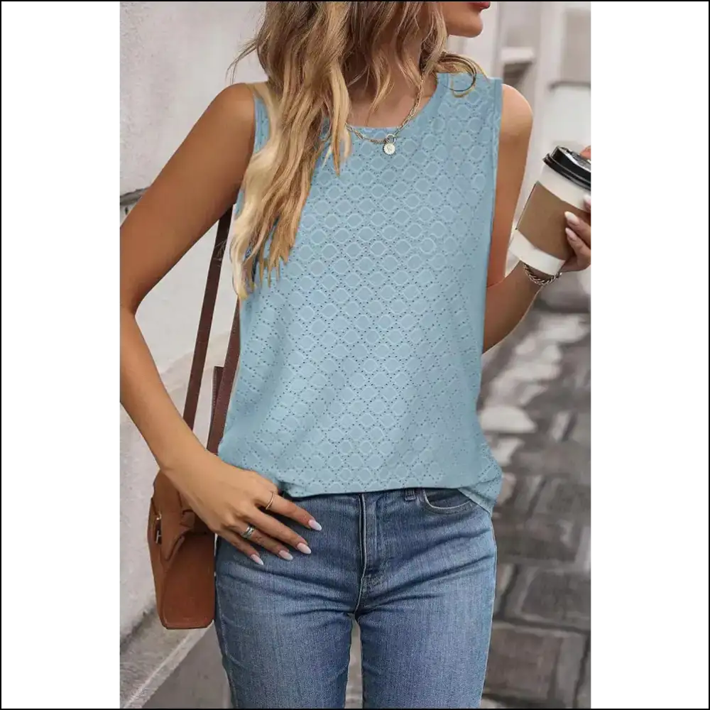 Chic Eyelet Round Neck Tank Top - Light Blue / s - Tops on Sale Worldwide Shipping