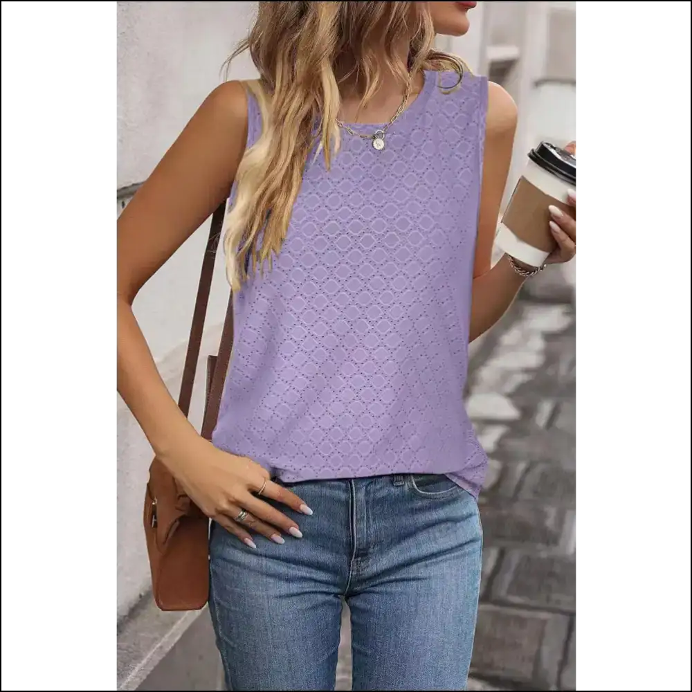 Chic Eyelet Round Neck Tank Top - Tops on Sale Worldwide Shipping