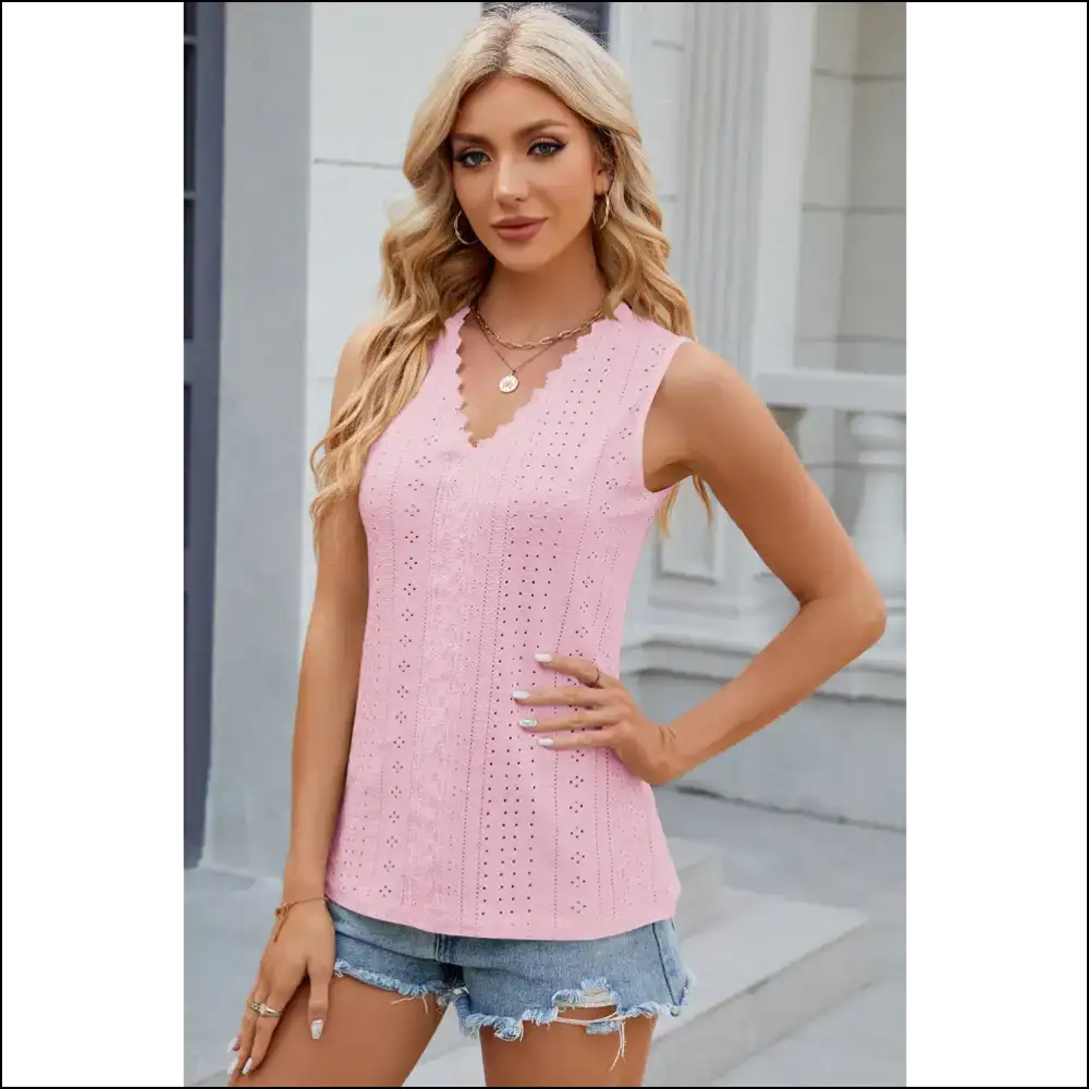 Chic Eyelet V-neck Wide Strap Tank - Blush Pink / s - Tops on Sale Worldwide Shipping