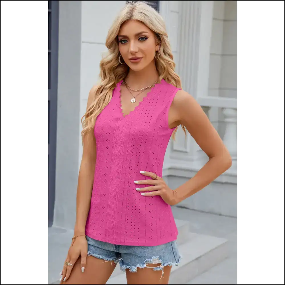 Chic Eyelet V-neck Wide Strap Tank - Hot Pink / Xl - Tops on Sale Worldwide Shipping