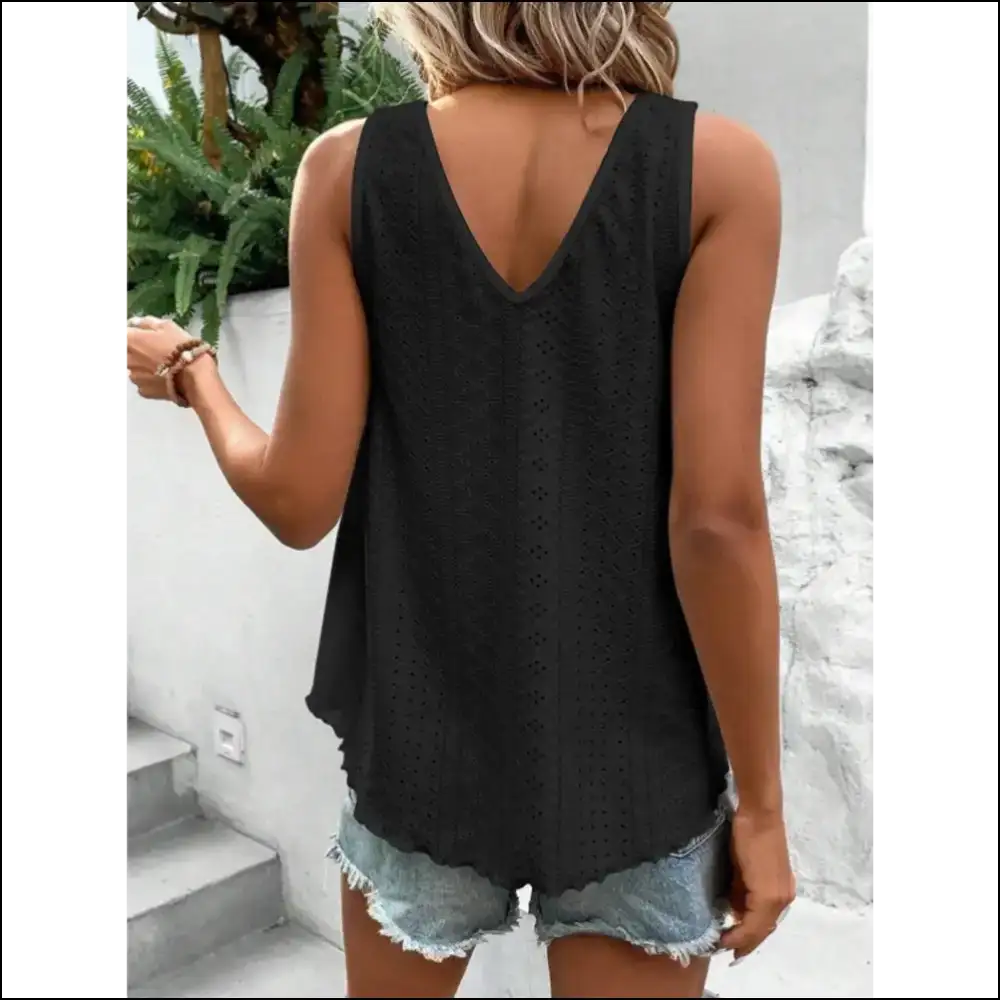 Chic Eyelet V-neck Wide Strap Tank - Tops on Sale Worldwide Shipping