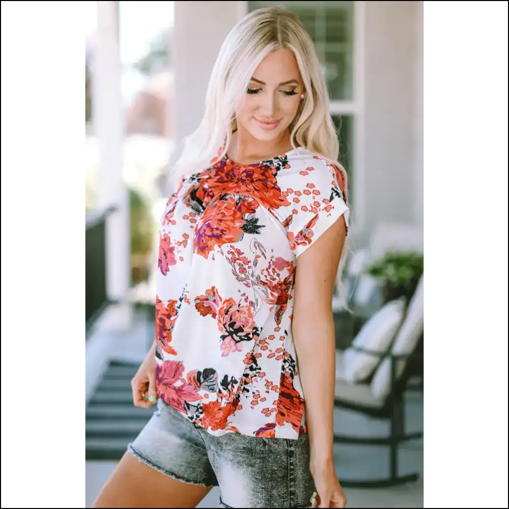 Chic Floral Round Neck Short Sleeve Top - Blouses on Sale Worldwide Shipping