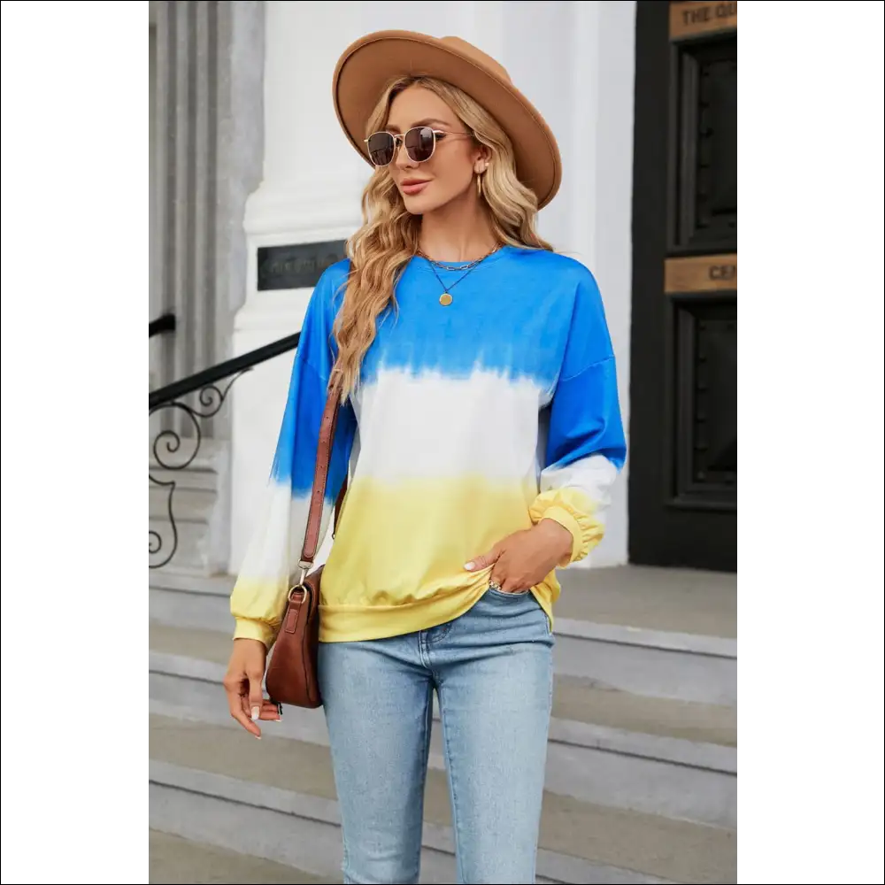 Chic Gradient Round Neck Long Sleeve Sweatshirt - Sky Blue / Xl - Sweatshirts & Hoodies on Sale Worldwide Shipping