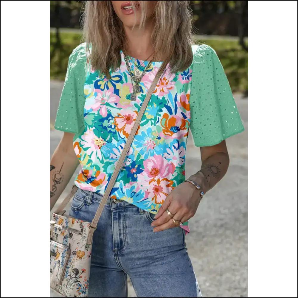 Chic Green Floral: Ironic Eyelet Instant Upgrade ๐ Needful Things - s - Blouses on Sale Worldwide Shipping