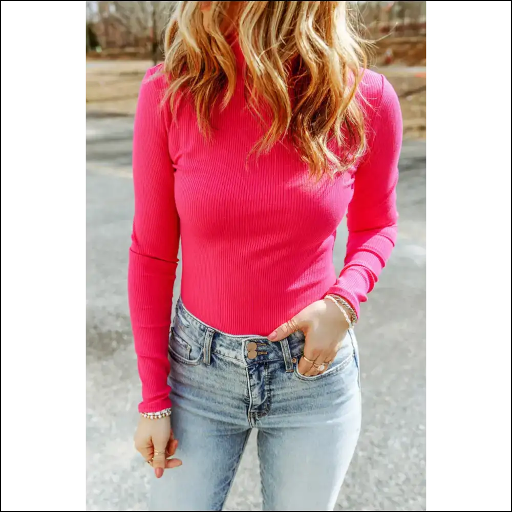 Chic High Neck Long Sleeve Ribbed Top - Hot Pink / Xl - Blouses on Sale Worldwide Shipping