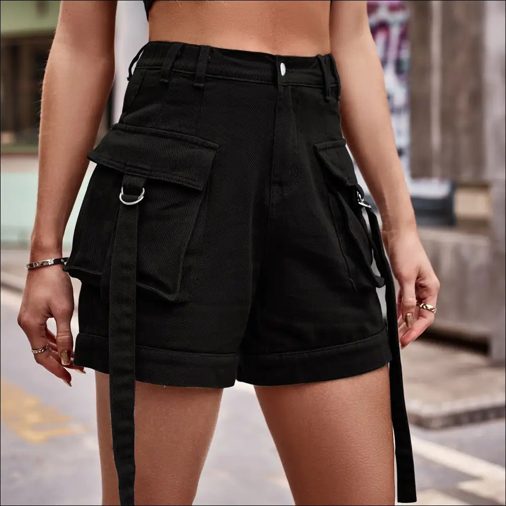 Chic High Waist Denim Cargo Shorts - Black / l - on Sale Worldwide Shipping