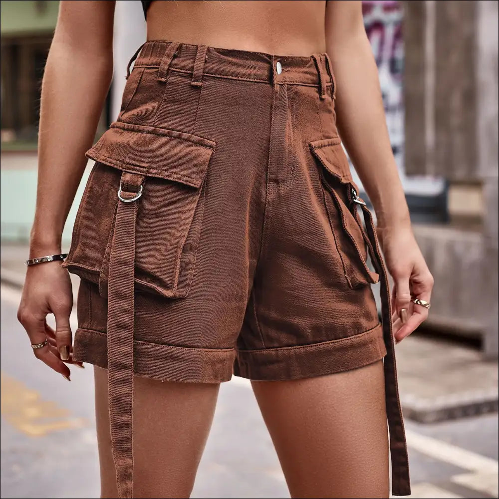 Chic High Waist Denim Cargo Shorts - Chestnut / 2xl - on Sale Worldwide Shipping