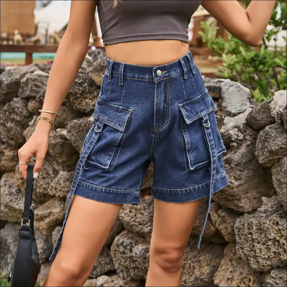 Chic High Waist Denim Cargo Shorts - Navy / l - on Sale Worldwide Shipping