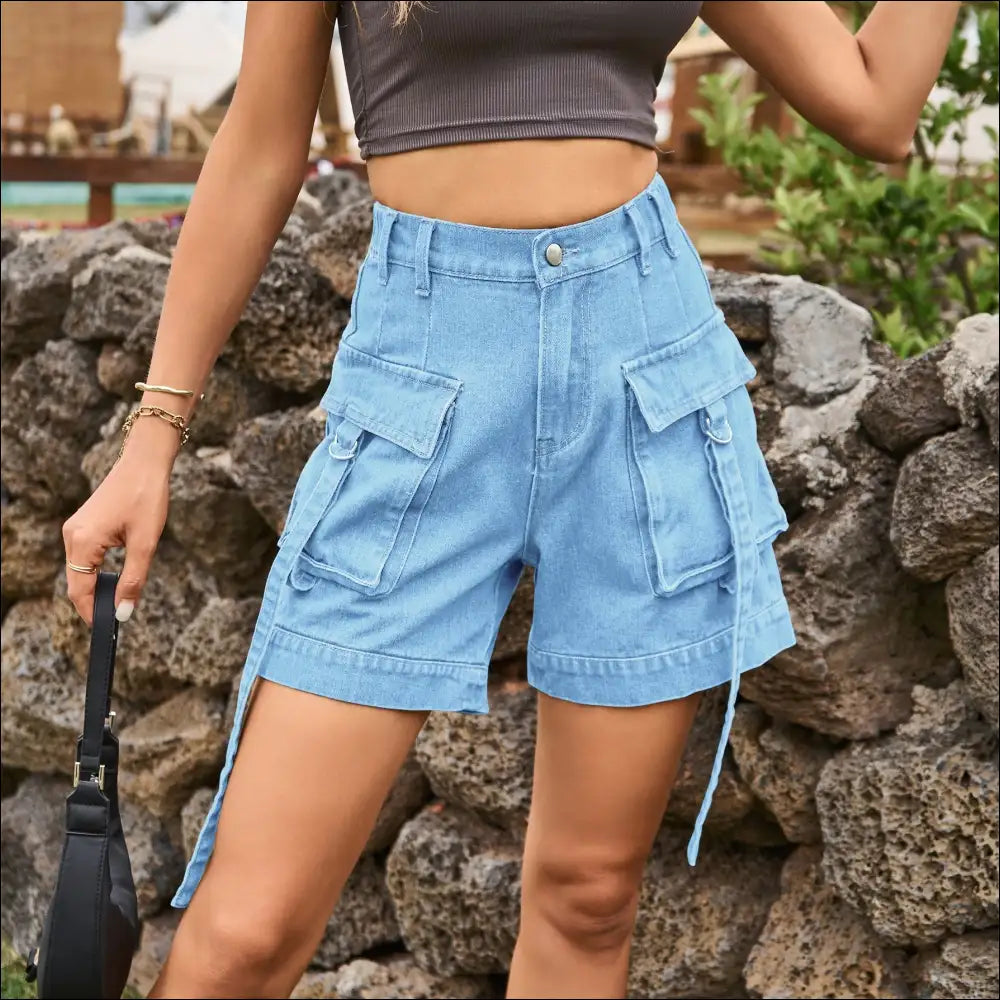 Chic High Waist Denim Cargo Shorts - on Sale Worldwide Shipping