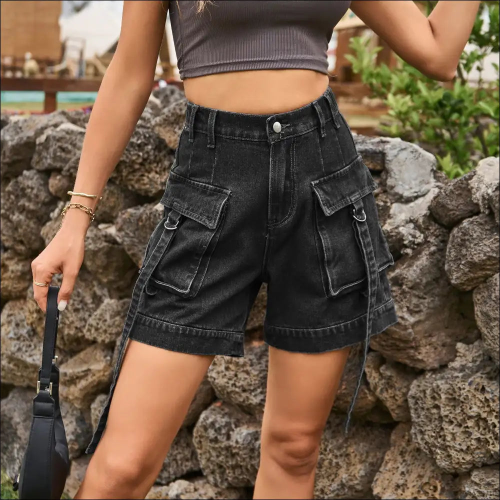 Chic High Waist Denim Cargo Shorts - on Sale Worldwide Shipping