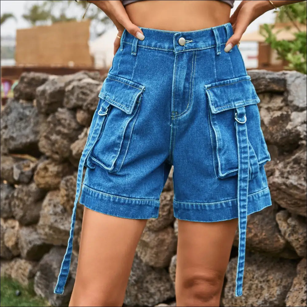 Chic High Waist Denim Cargo Shorts - on Sale Worldwide Shipping