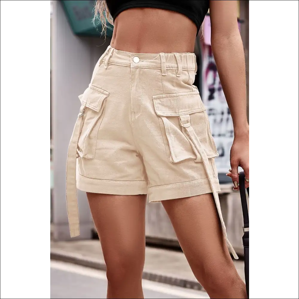 Chic High Waist Denim Cargo Shorts - Sand / m - on Sale Worldwide Shipping