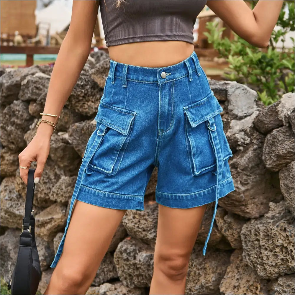 Chic High Waist Denim Cargo Shorts - Sky Blue / m - on Sale Worldwide Shipping
