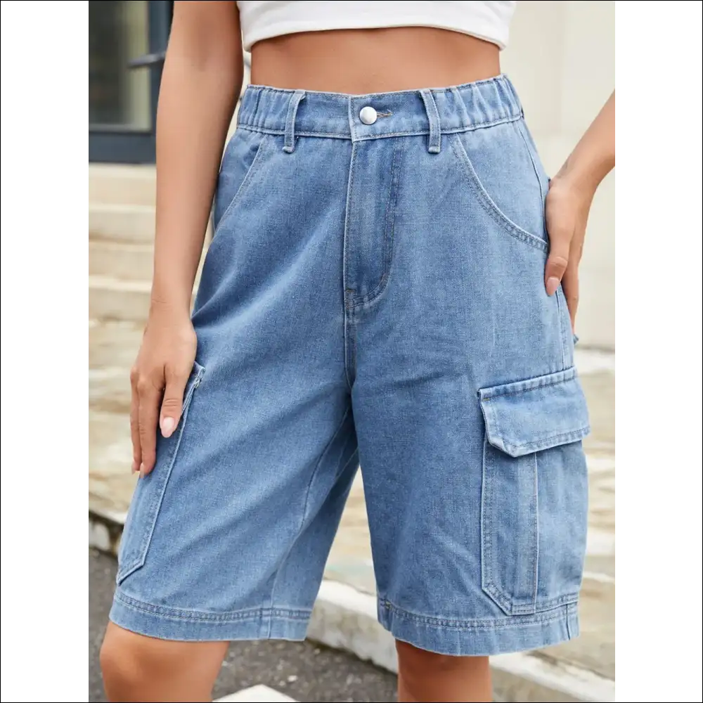 Chic High Waist Denim Shorts with Pockets - on Sale Worldwide Shipping