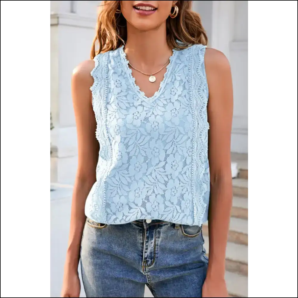 Chic Lace V-neck: your New Bff for Hot Mess Moments! ππ₯ Needful Things - Light Blue / l - Tank Tops on Sale Worldwide Shipping
