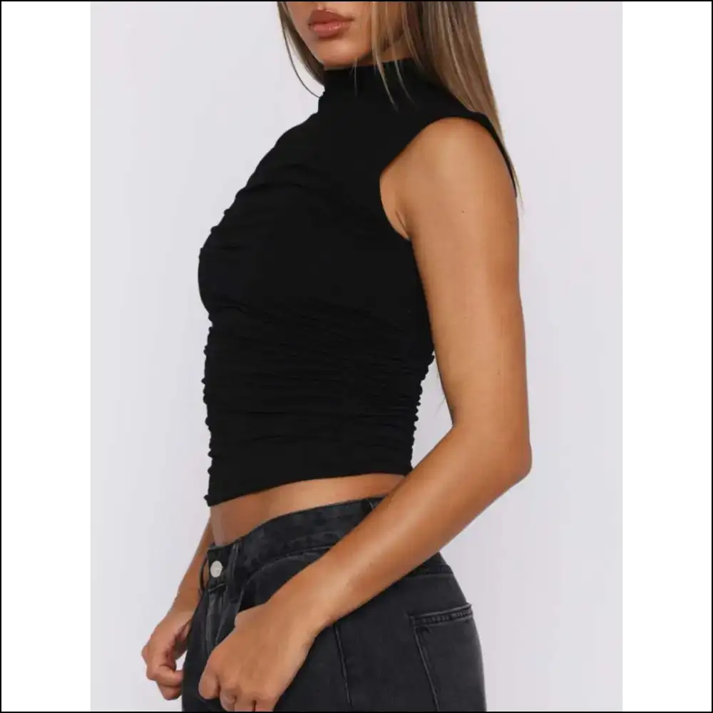 Chic Mock Neck Ruched Tank Top - Black / s - Tops on Sale Worldwide Shipping