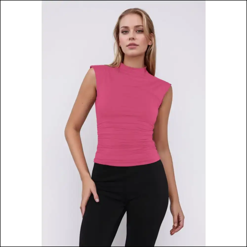 Chic Mock Neck Ruched Tank Top - Bright Pink / l - Tops on Sale Worldwide Shipping