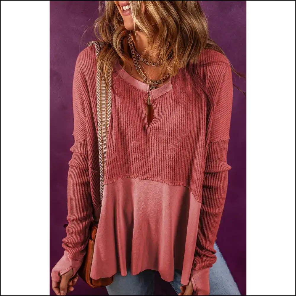 Chic Notched Neck Long Sleeve Blouse with Slit - Pink / s - Blouses on Sale Worldwide Shipping