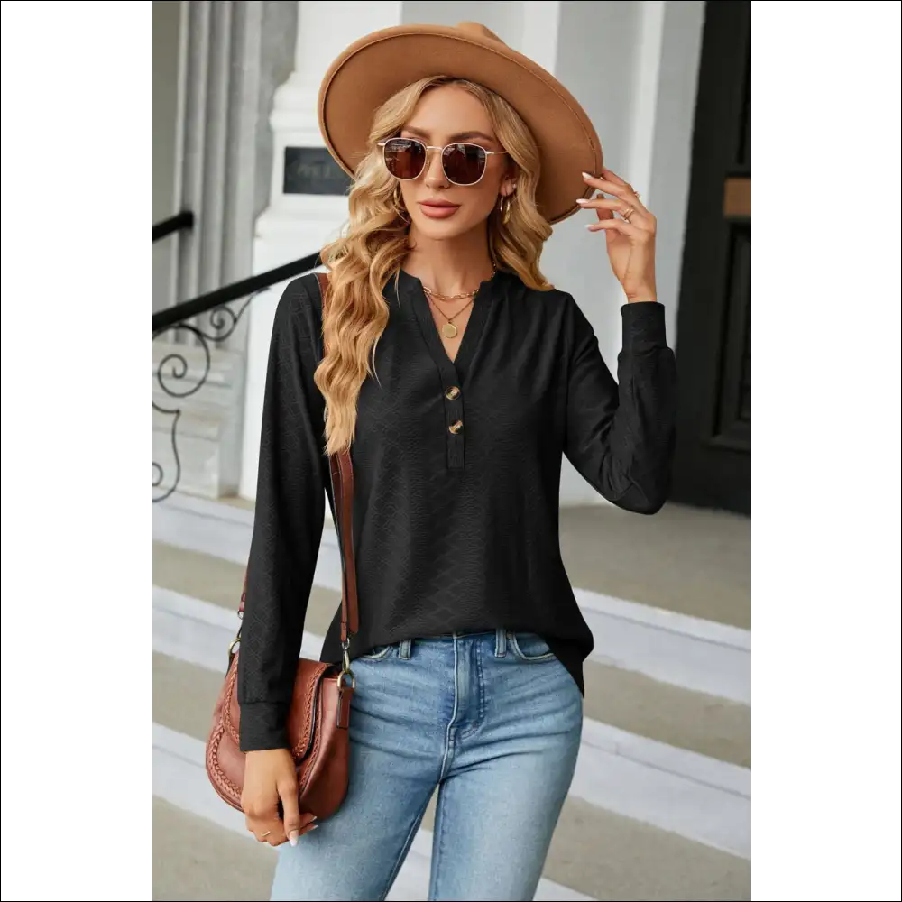 Chic Notched Neck Long Sleeve Buttoned Blouse - Black / s - Blouses on Sale Worldwide Shipping