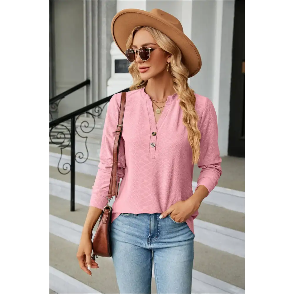 Chic Notched Neck Long Sleeve Buttoned Blouse - Pink / s - Blouses on Sale Worldwide Shipping