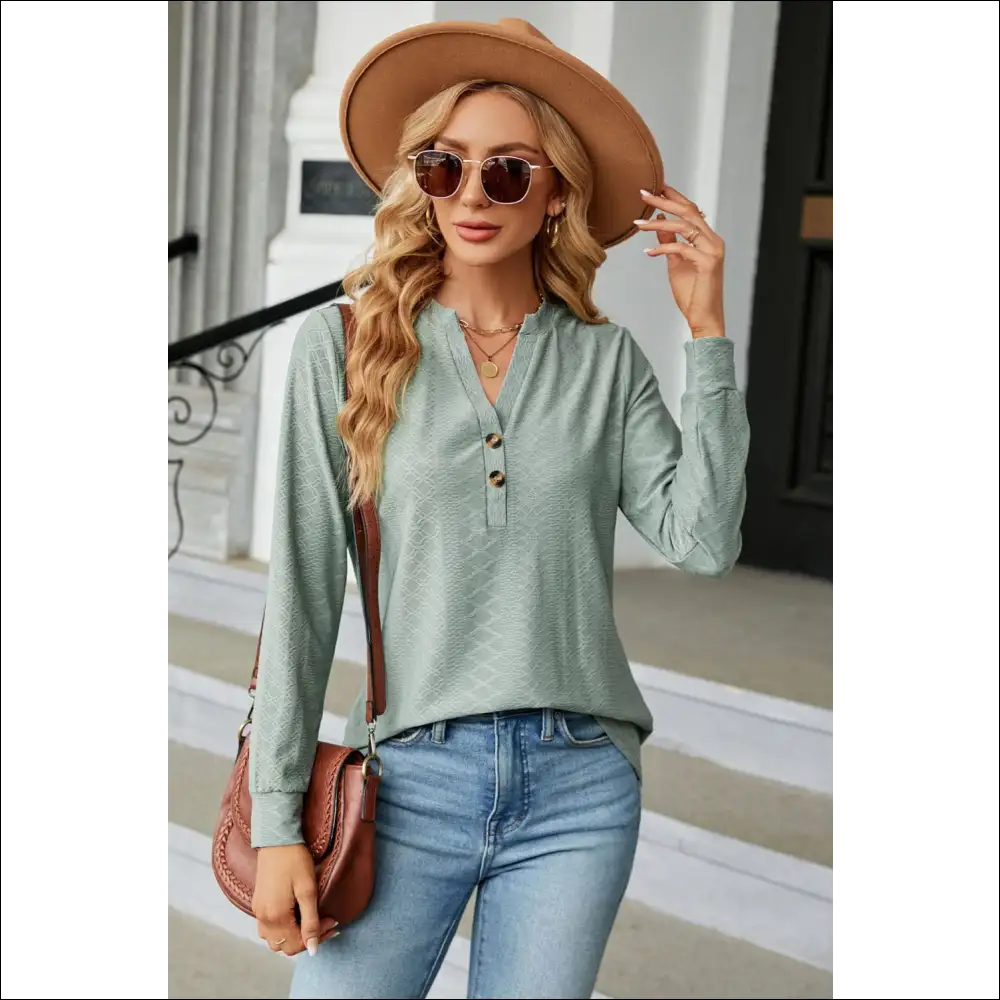 Chic Notched Neck Long Sleeve Buttoned Blouse - Sage / s - Blouses on Sale Worldwide Shipping