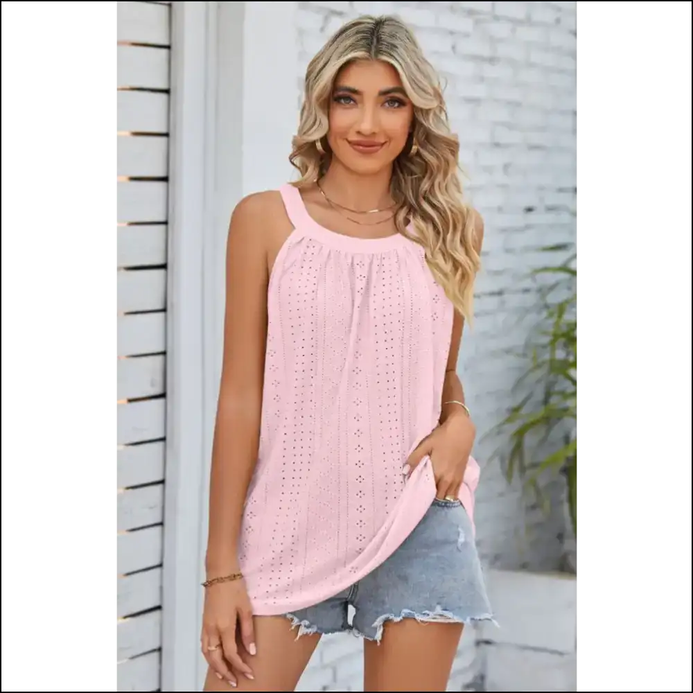 Chic Openwork Round Neck Wide Strap Tank - Blush Pink / m - Tops on Sale Worldwide Shipping