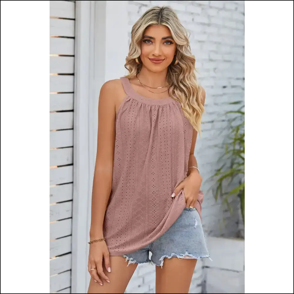 Chic Openwork Round Neck Wide Strap Tank - Dusty Pink / m - Tops on Sale Worldwide Shipping