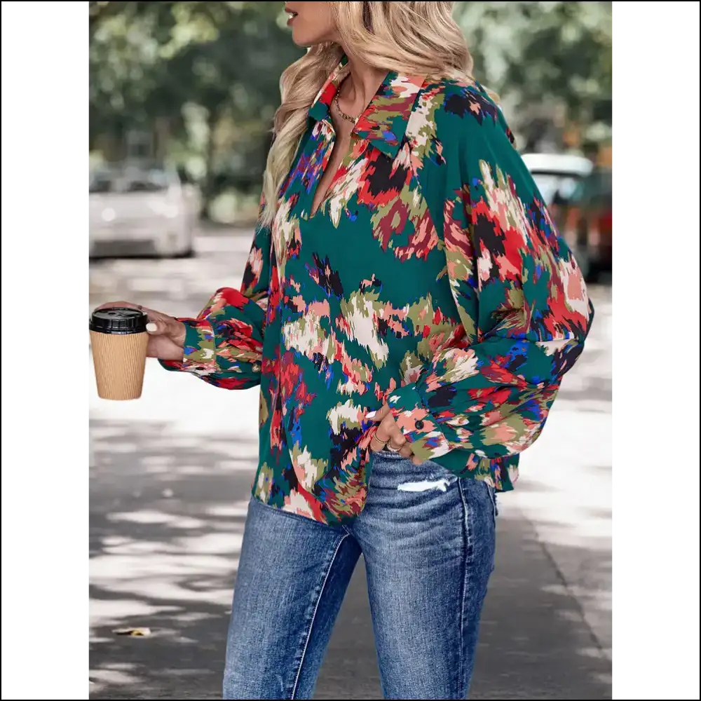 Chic Perfee Printed Johnny Collar Blouse - Blouses on Sale Worldwide Shipping