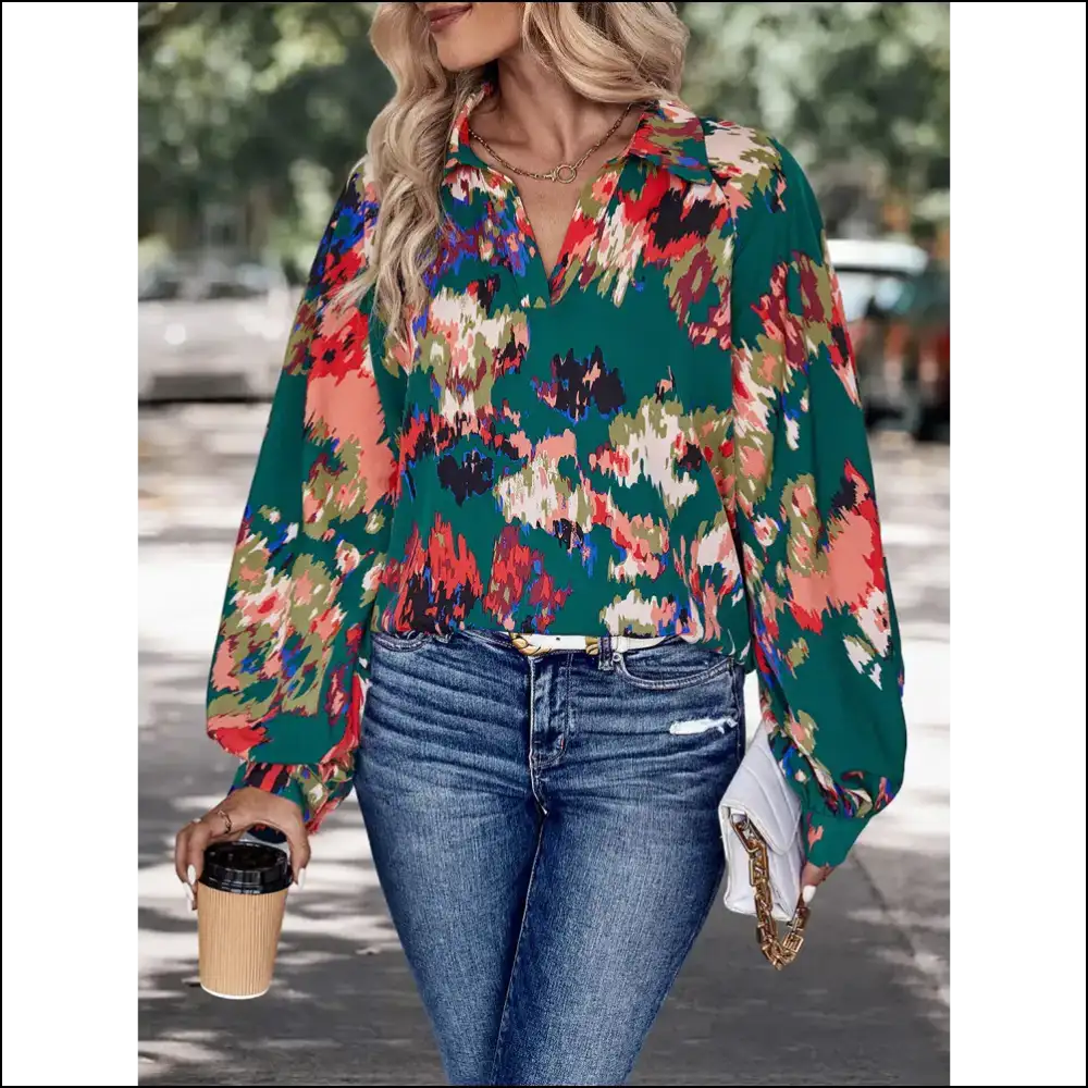 Chic Perfee Printed Johnny Collar Blouse - Blouses on Sale Worldwide Shipping