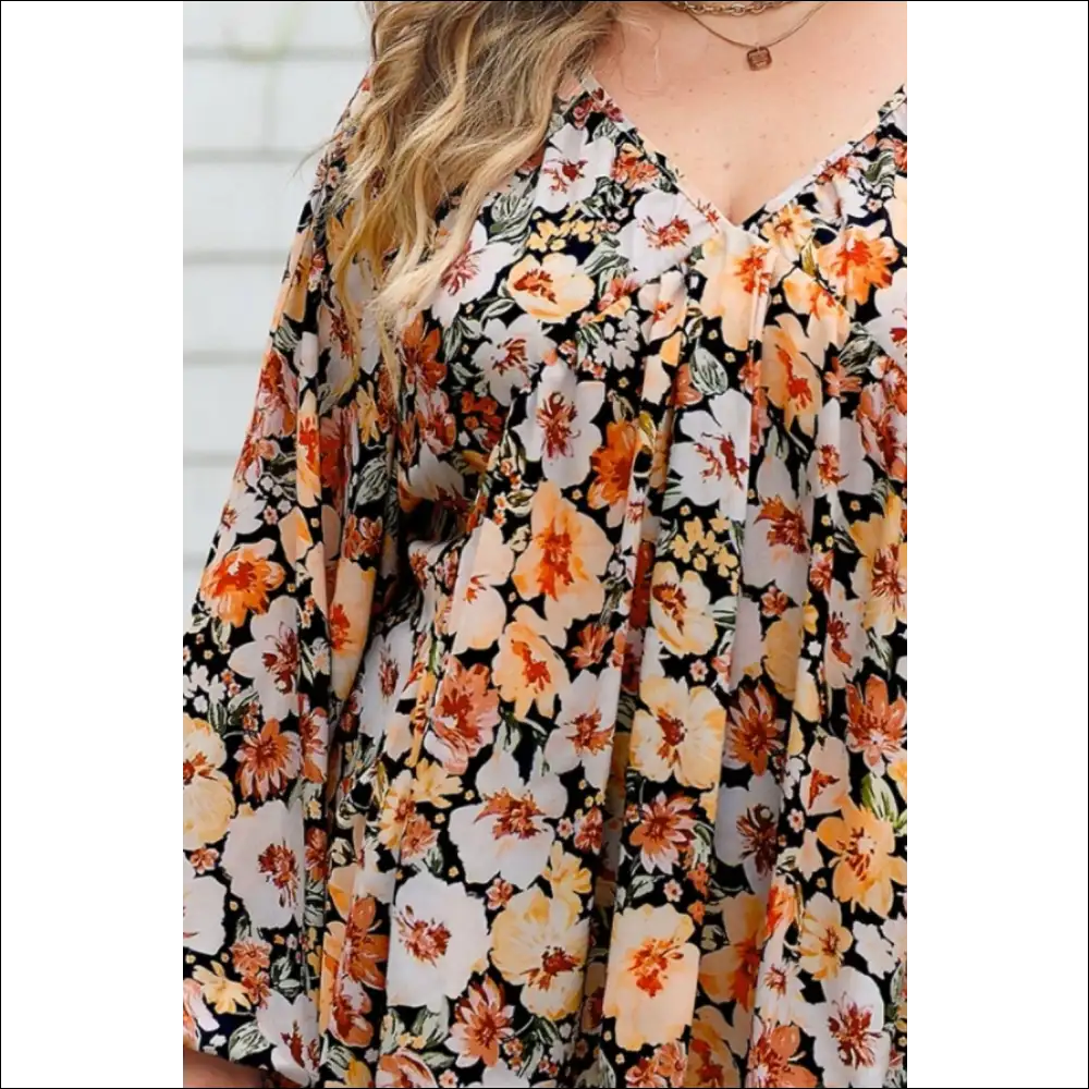 Chic Plus Size Floral V-neck Balloon Sleeve Blouse - Blouses on Sale Worldwide Shipping