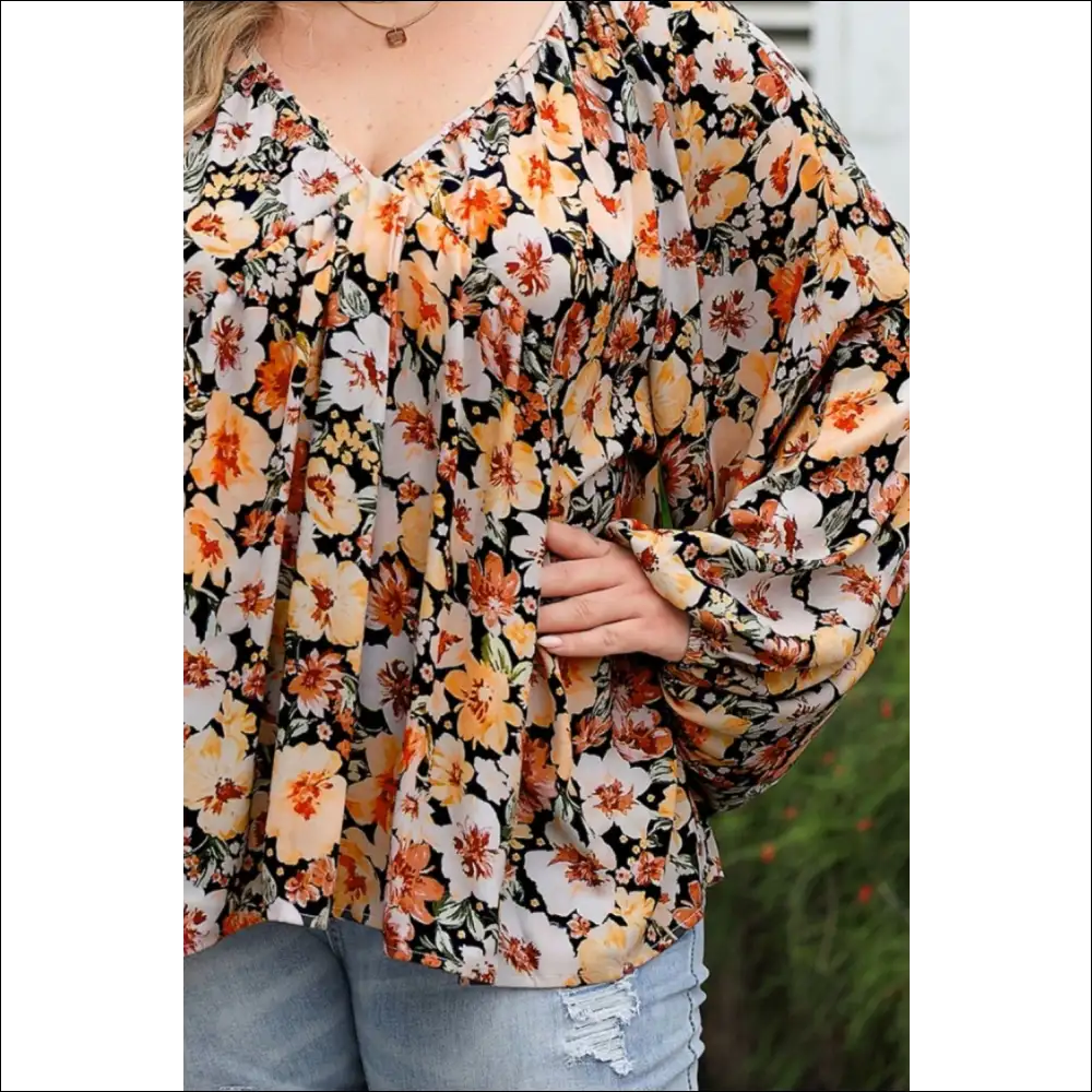 Chic Plus Size Floral V-neck Balloon Sleeve Blouse - Blouses on Sale Worldwide Shipping