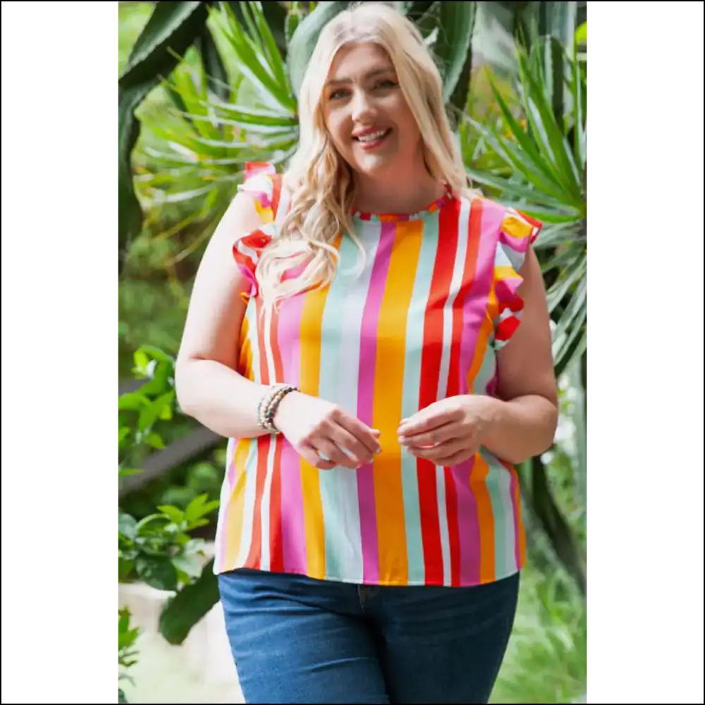 Chic Plus Size Striped Ruffled Tank Top - Multicolor / 1x - Tops on Sale Worldwide Shipping