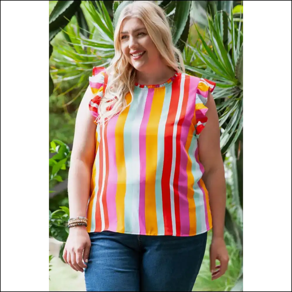 Chic Plus Size Striped Ruffled Tank Top - Tops on Sale Worldwide Shipping