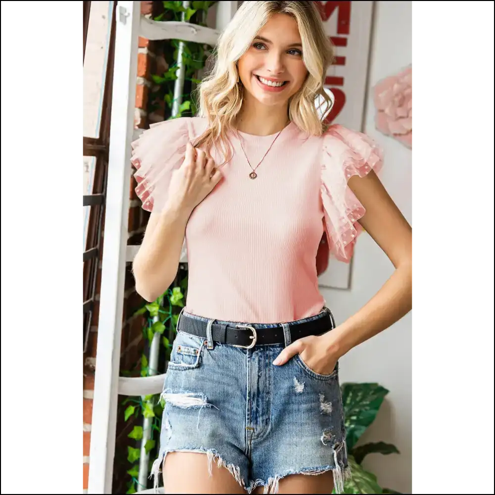Chic Polka Dot Flutter Sleeve Top - Blush Pink / s - Blouses on Sale Worldwide Shipping