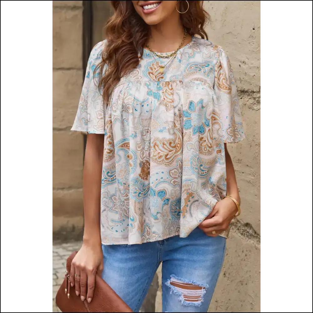 Chic Printed Round Neck Short Sleeve Blouse - Ivory / m - Blouses on Sale Worldwide Shipping