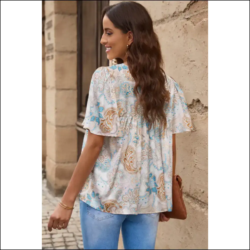 Chic Printed Round Neck Short Sleeve Blouse - Blouses on Sale Worldwide Shipping