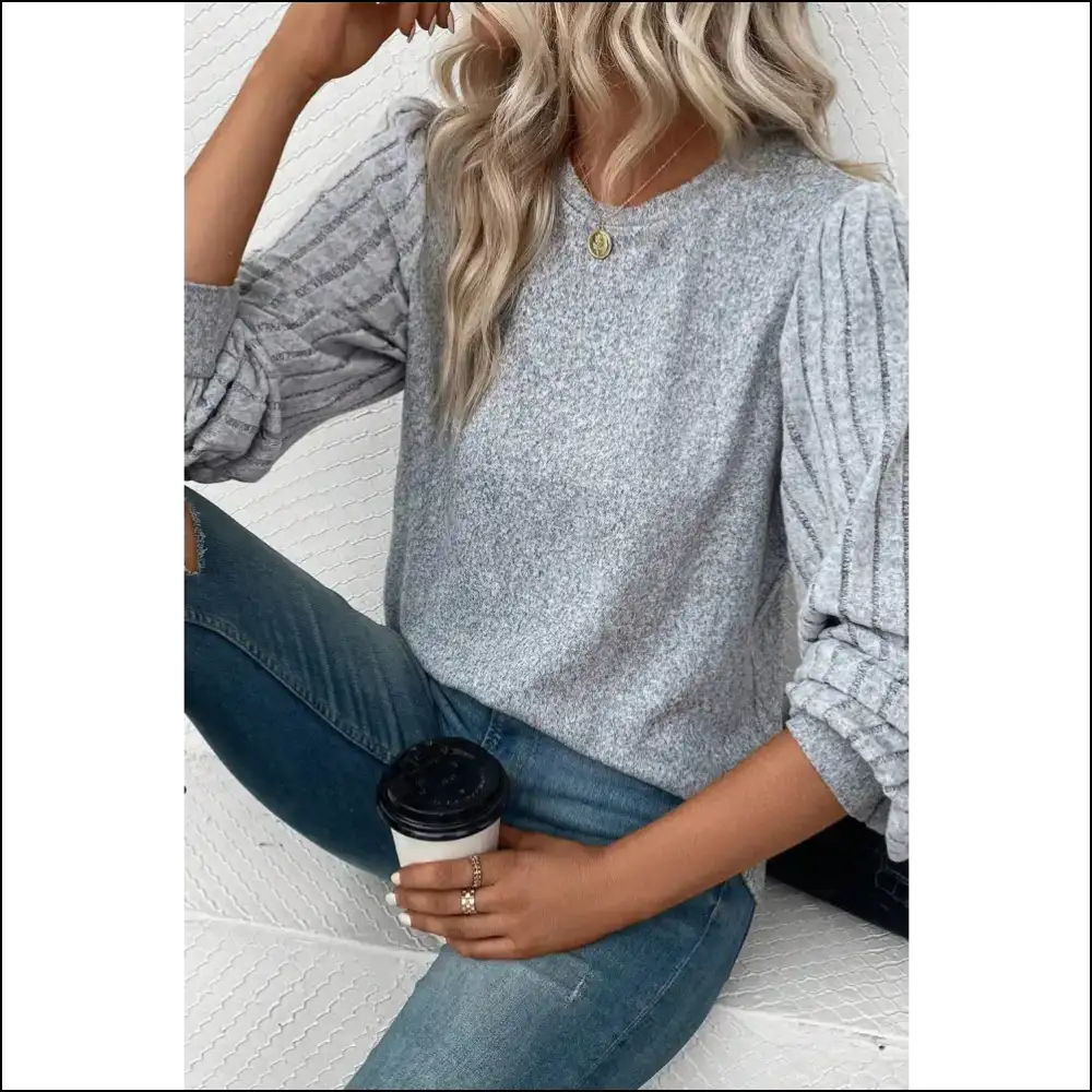 Chic Ribbed Round Neck Long Sleeve Knit Top - Blouses on Sale Worldwide Shipping