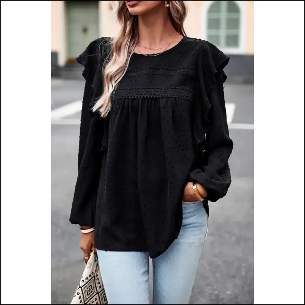 Chic Round Neck Ruffled Blouse - Black / s - Blouses on Sale Worldwide Shipping