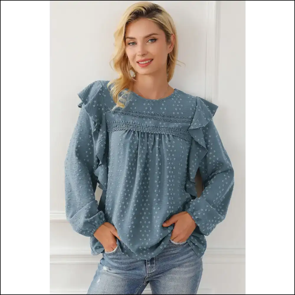 Chic Round Neck Ruffled Blouse - Blue / s - Blouses on Sale Worldwide Shipping