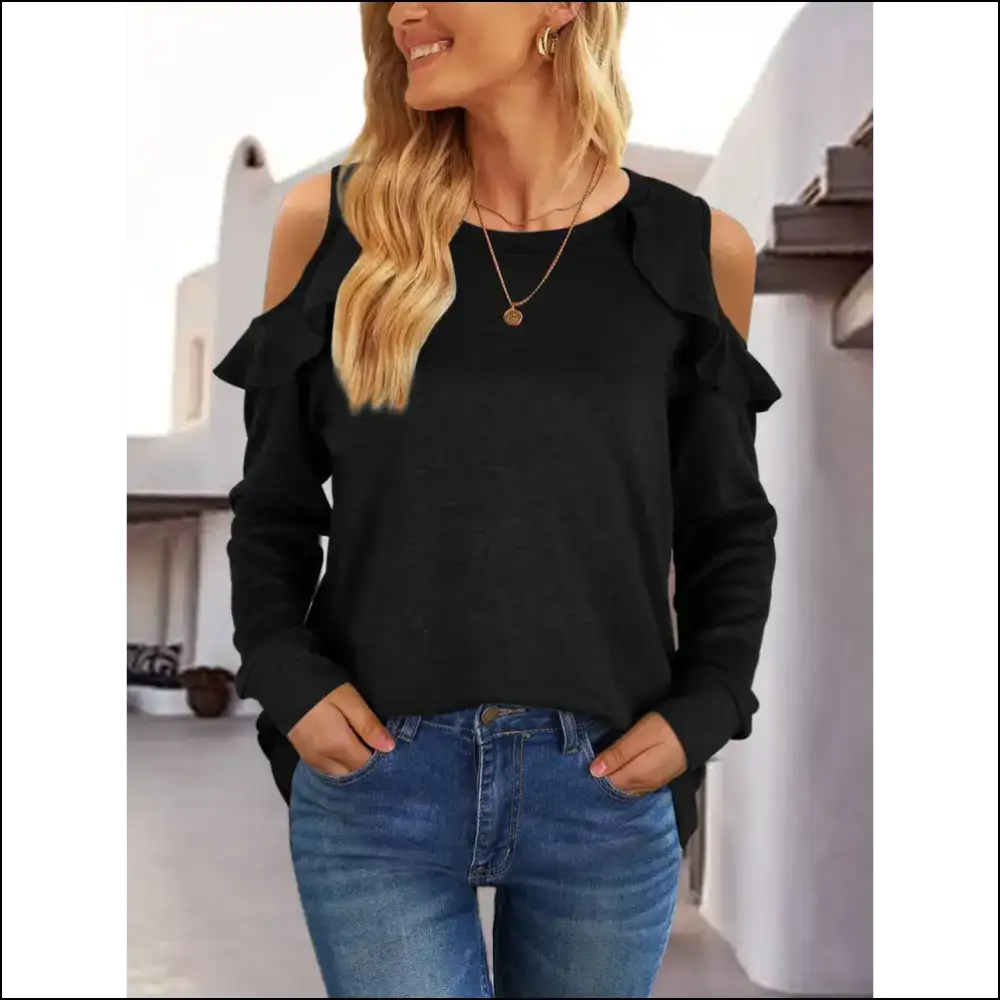Chic Round Neck Ruffled Cold-shoulder Blouse - Black / s - Blouses on Sale Worldwide Shipping