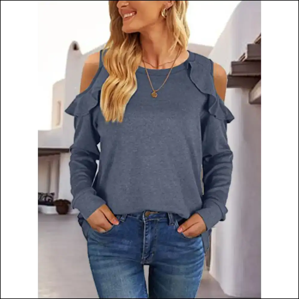 Chic Round Neck Ruffled Cold-shoulder Blouse - Dirty Blue / m - Blouses on Sale Worldwide Shipping